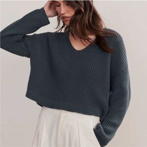 Jenni Kane Ink Blue Cropped Cotton Cabin V-Neck Sweater